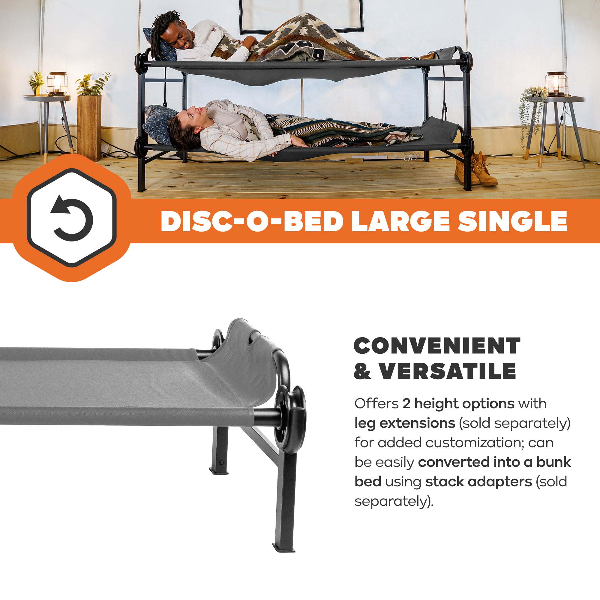 Disc-O-Bed Single Cot, Portable Sleep Solution for Tents & Cabins, Grey, Large - VMInnovations
