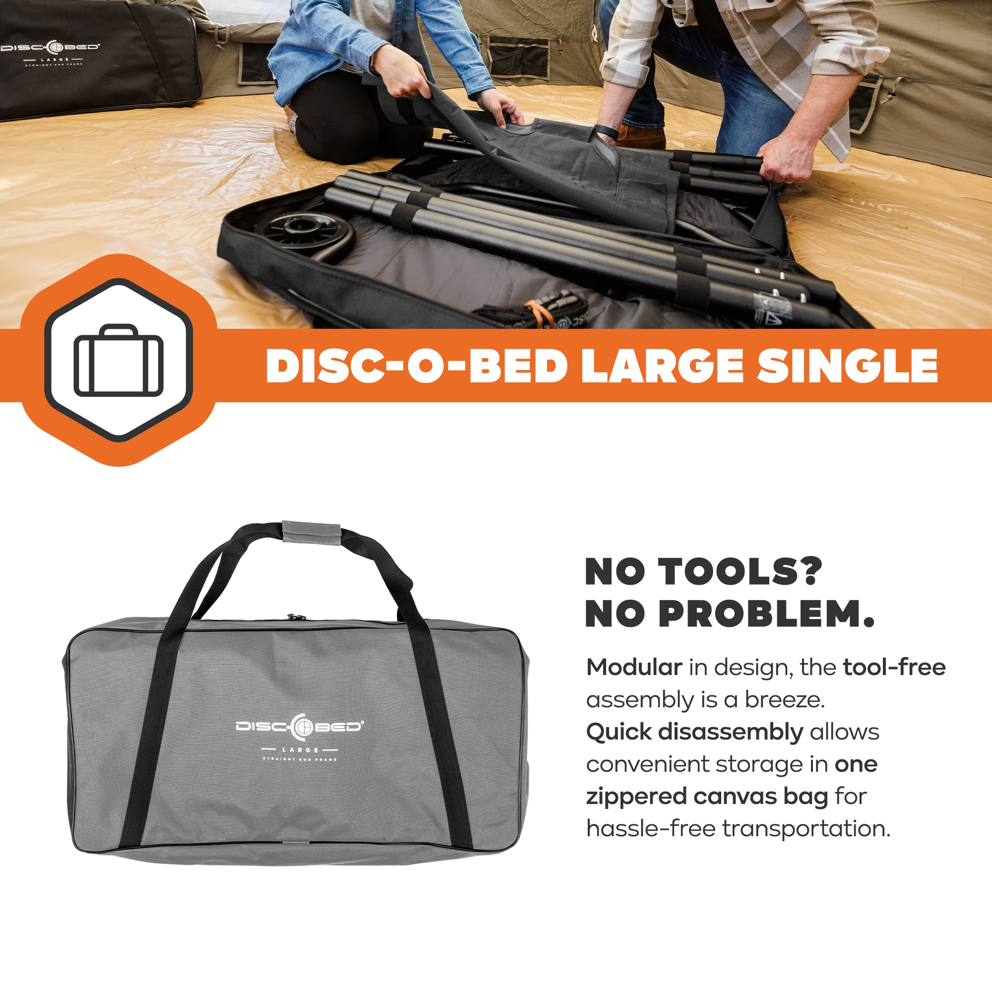 Disc-O-Bed Single Cot, Portable Sleep Solution for Tents & Cabins, Grey, Large - VMInnovations
