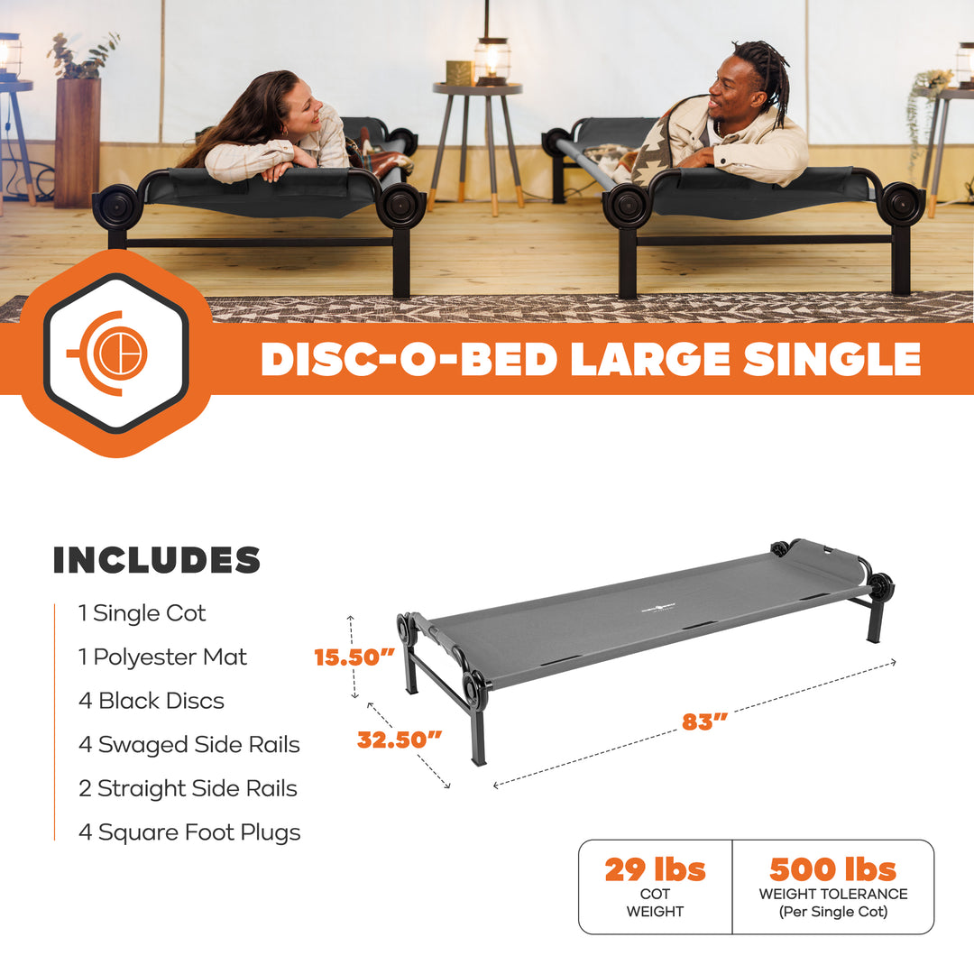Disc-O-Bed Single Cot, Portable Sleep Solution for Tents & Cabins, Grey, Large