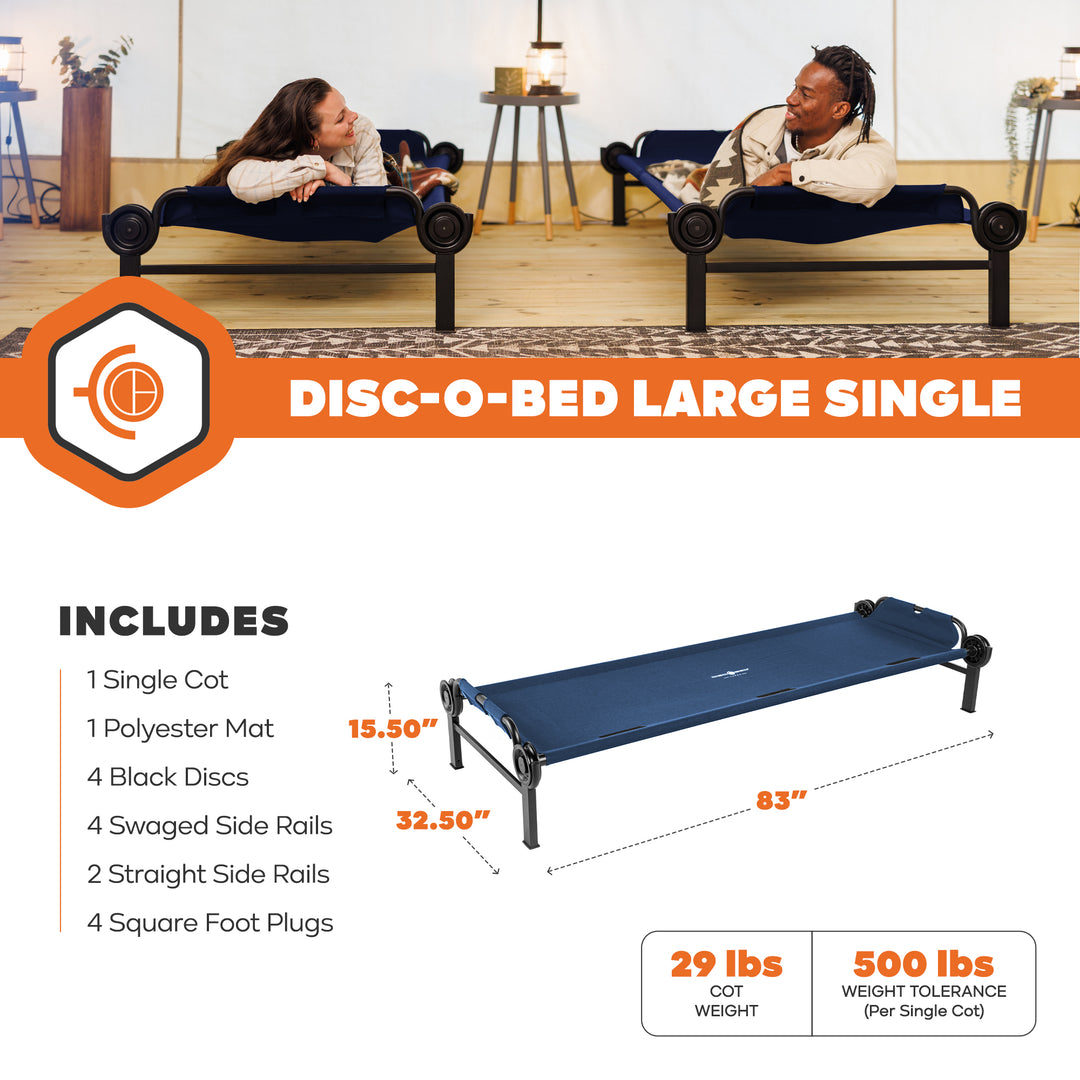 Disc-O-Bed Single Cot, Portable Sleep Solution for Tents & Cabins, Navy, Large