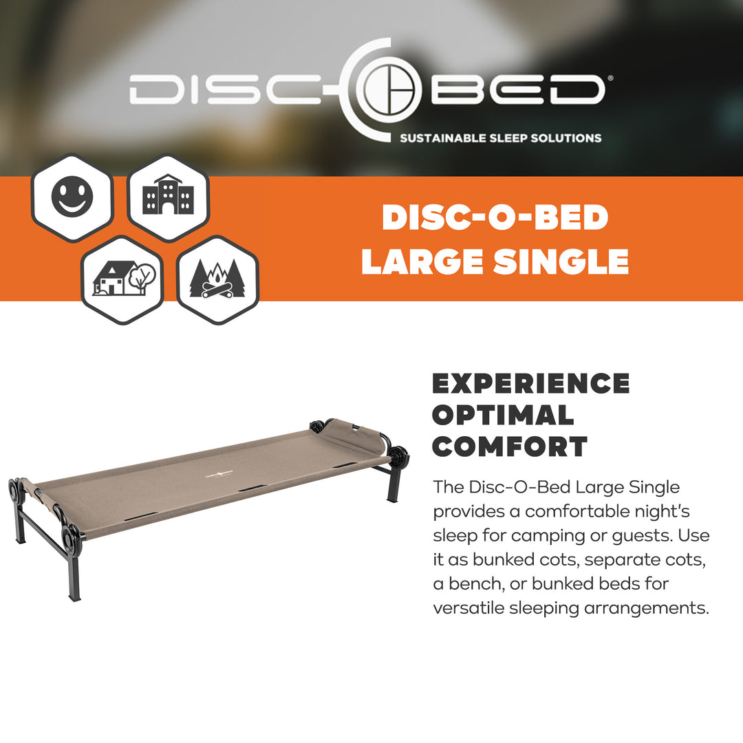 Disc-O-Bed Single Cot, Portable Sleep Solution for Tents & Cabins, Tan, Large