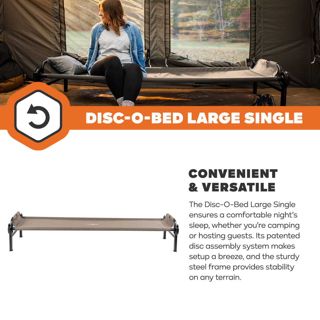 Disc-O-Bed Single Cot, Portable Sleep Solution for Tents & Cabins, Tan, Large
