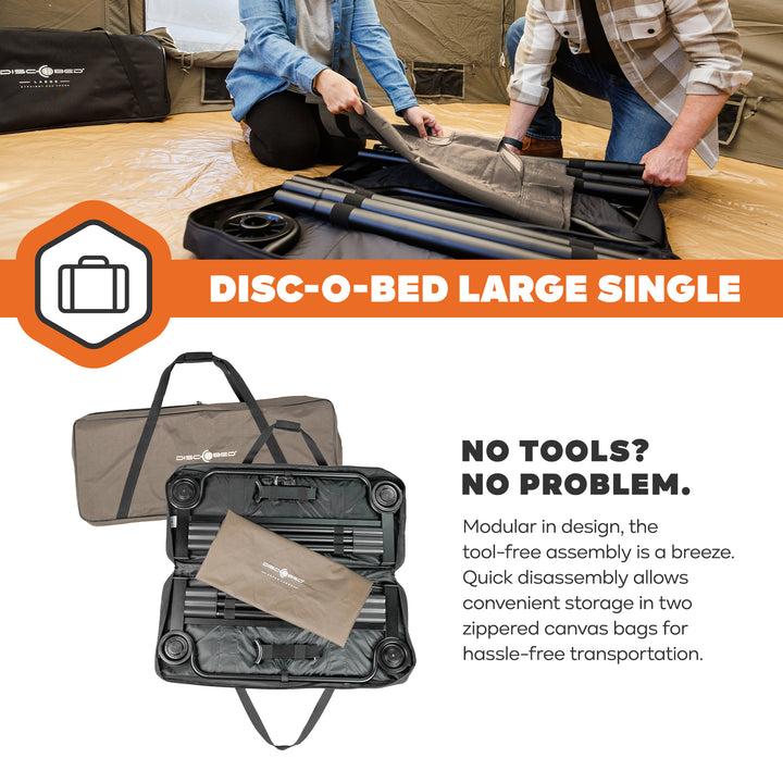 Disc-O-Bed Single Cot, Portable Sleep Solution for Tents & Cabins, Tan, Large