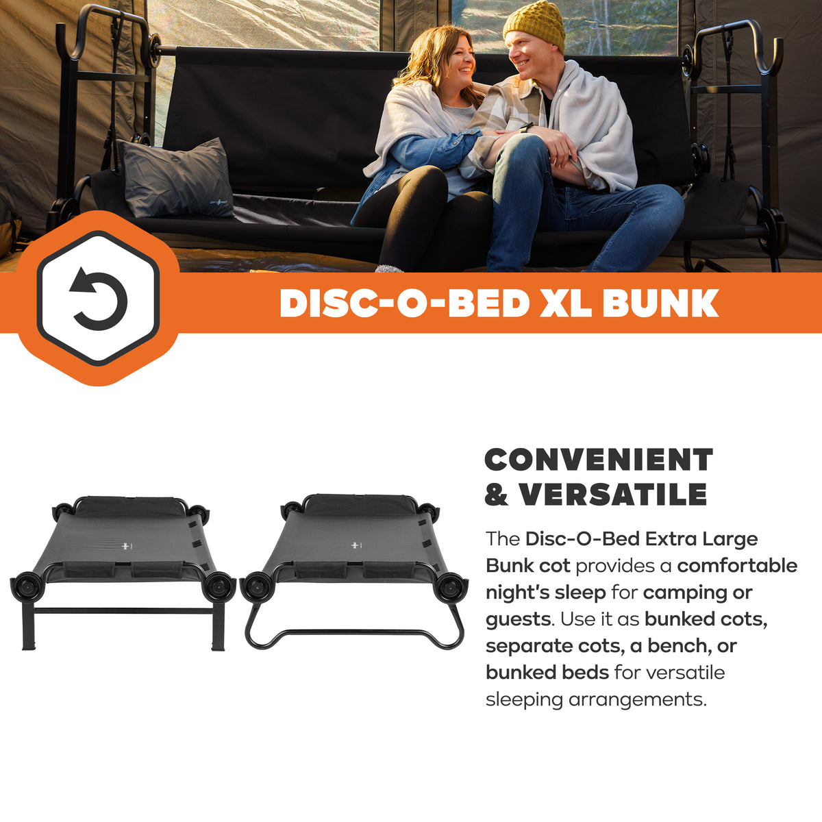 Disc-O-Bed Outdoor Convertible 2 Person Portable Camping Cots, Black (Open Box) - VMInnovations