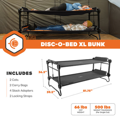 Disc-O-Bed Extra Large Outdoor Convertible 2 Person Portable Camping Cots, Black - VMInnovations