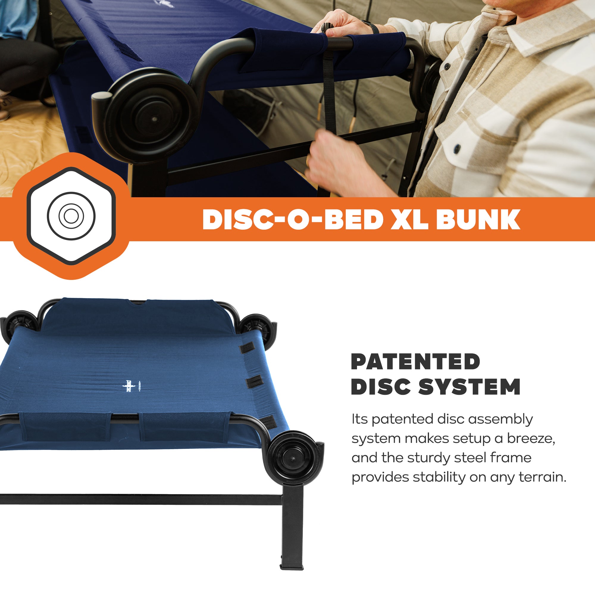 Disc-O-Bed Extra Large Outdoor Convertible 2 Person Portable Camping Cots, Navy (For Parts)