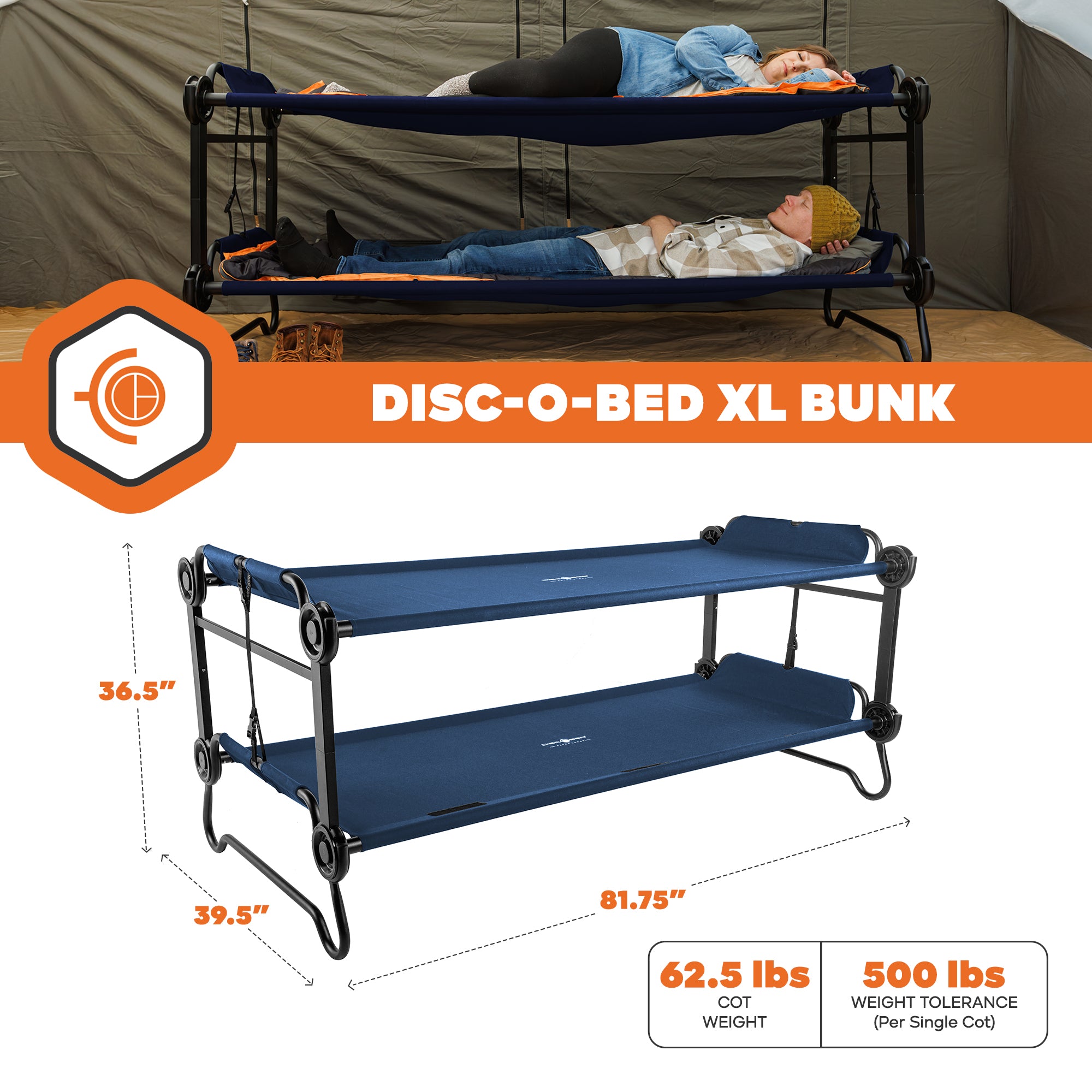 Disc-O-Bed Extra Large Outdoor Convertible 2 Person Portable Camping Cots, Navy (For Parts)