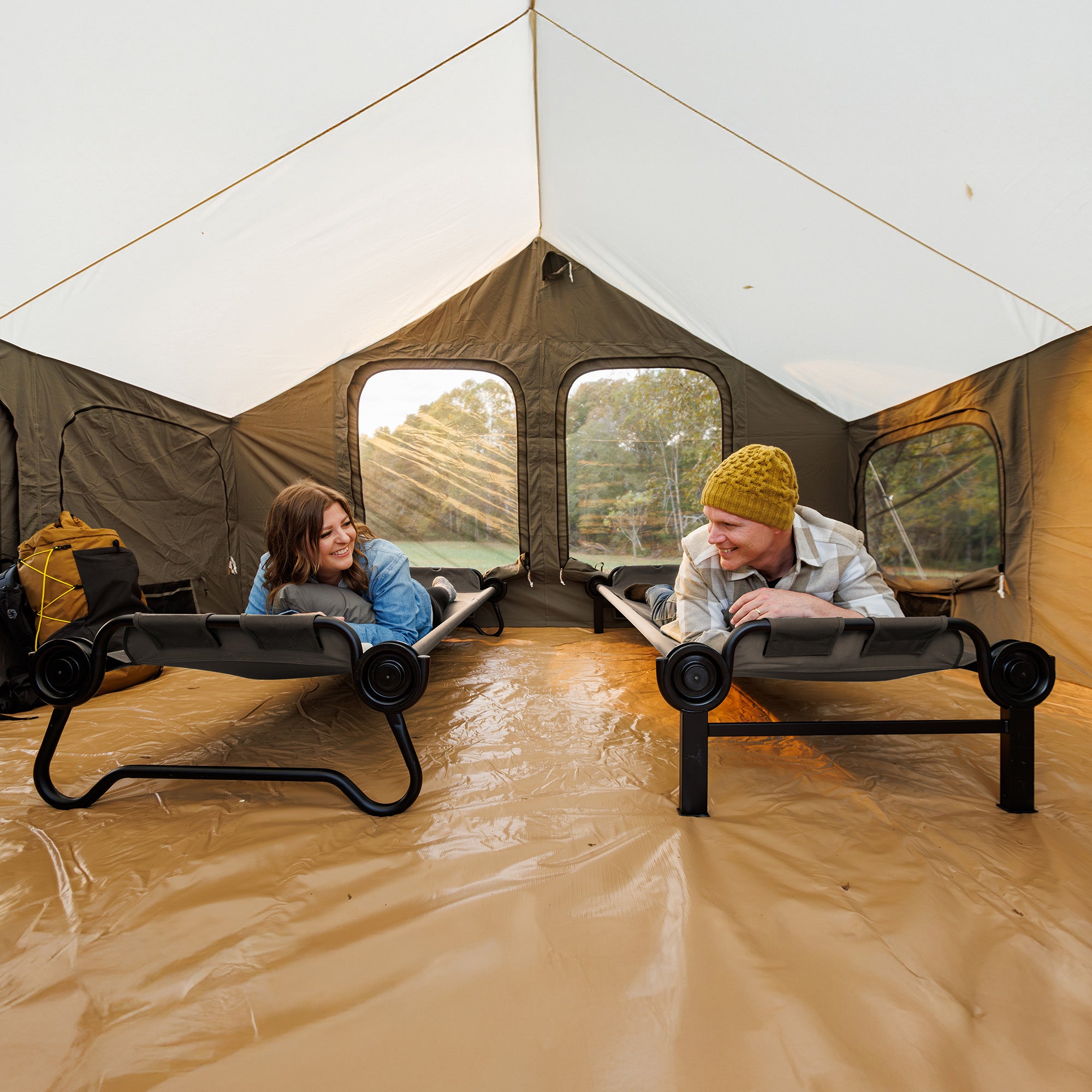 Disc-O-Bed  XL Outdoor Convertible 2 Person Portable Camping Cots, Tan(Open Box) - VMInnovations