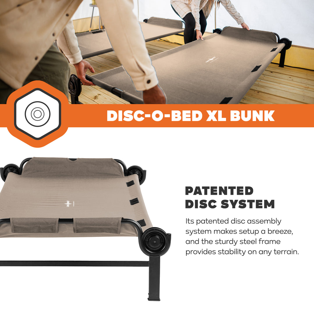 Disc-O-Bed Extra Large Outdoor Convertible 2 Person Portable Camping Cots, Tan