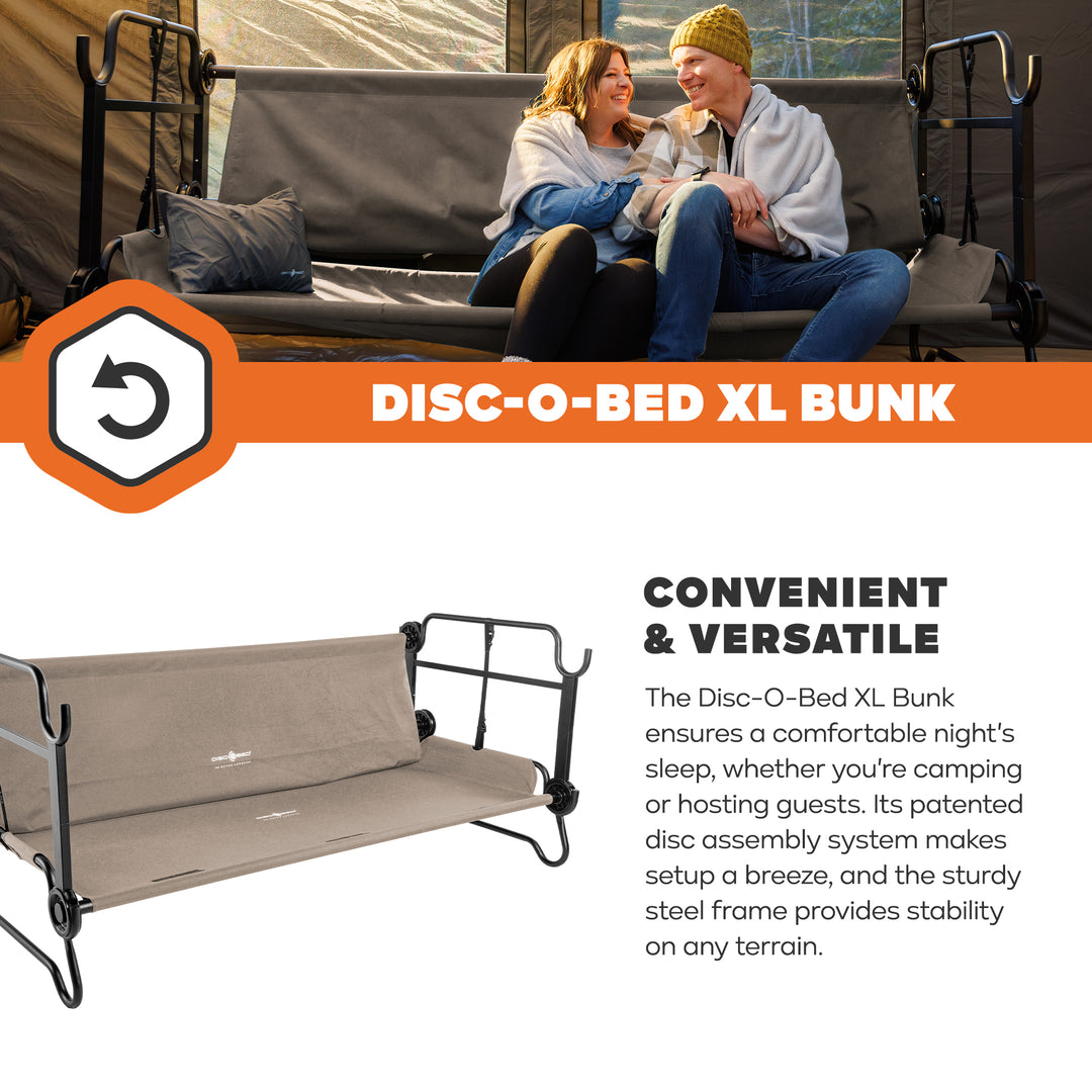 Disc-O-Bed Extra Large Outdoor Convertible 2 Person Portable Camping Cots, Tan