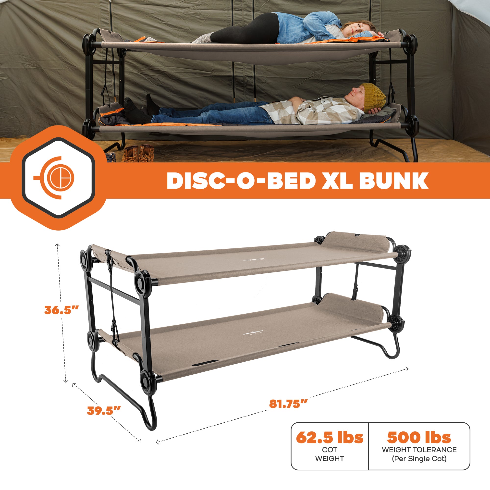 Disc-O-Bed  XL Outdoor Convertible 2 Person Portable Camping Cots, Tan(Open Box) - VMInnovations