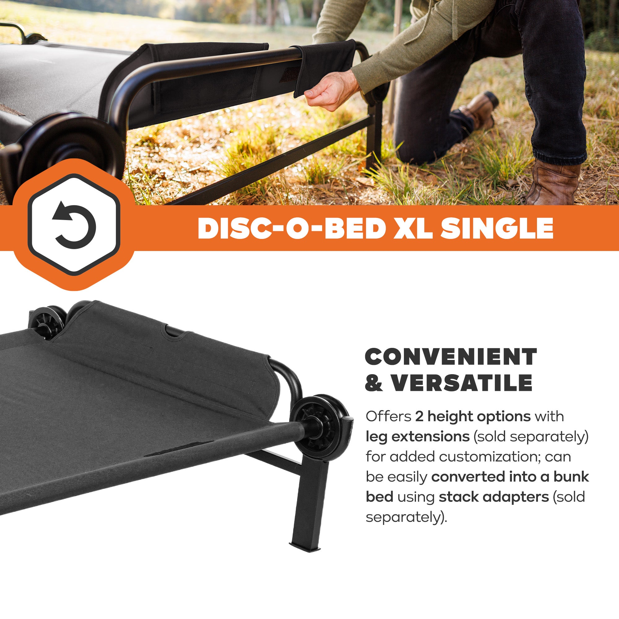 Disc-O-Bed Single Cot, Portable Sleep Solution for Tents & Cabins, Black, XL - VMInnovations