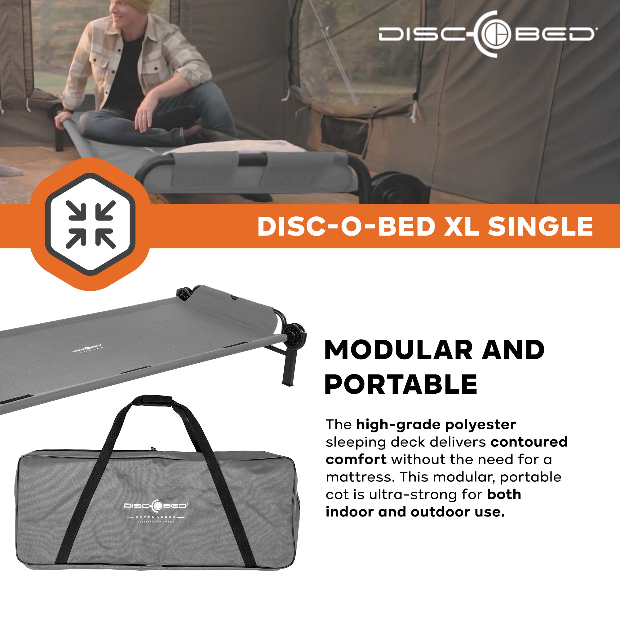 Disc-O-Bed Single Cot, Portable Sleep Solution for Tents & Cabins, Grey, XL