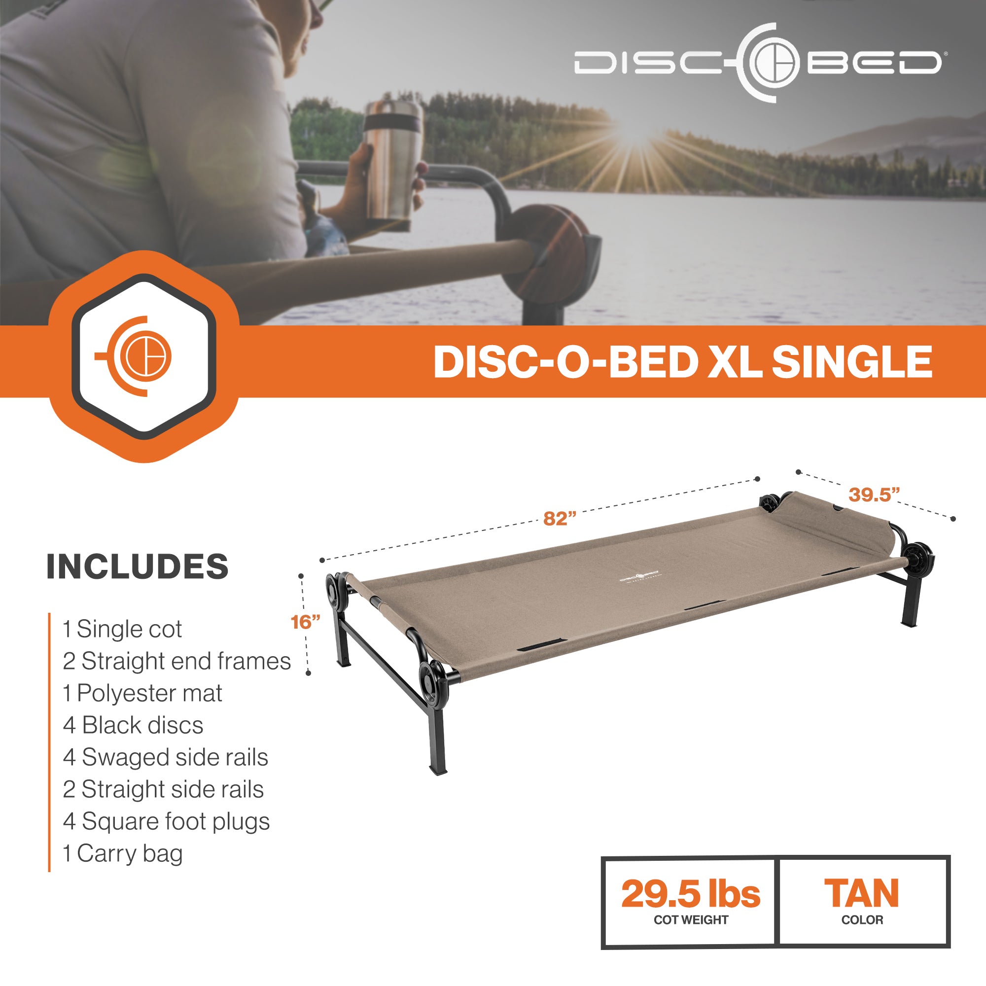 Disc-O-Bed Single Cot, Portable Sleep Solution for Tents and Cabins, Tan, XL - VMInnovations
