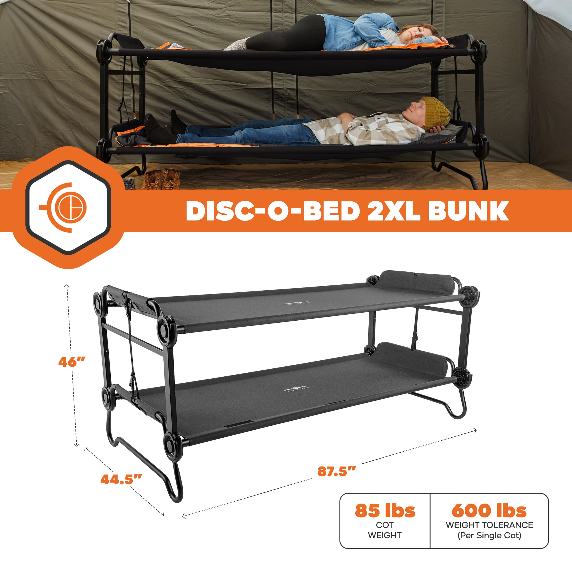 Disc-O-Bed 2XL Outdoor Convertible 2 Person Portable Camping Bunking Cots, Black - VMInnovations