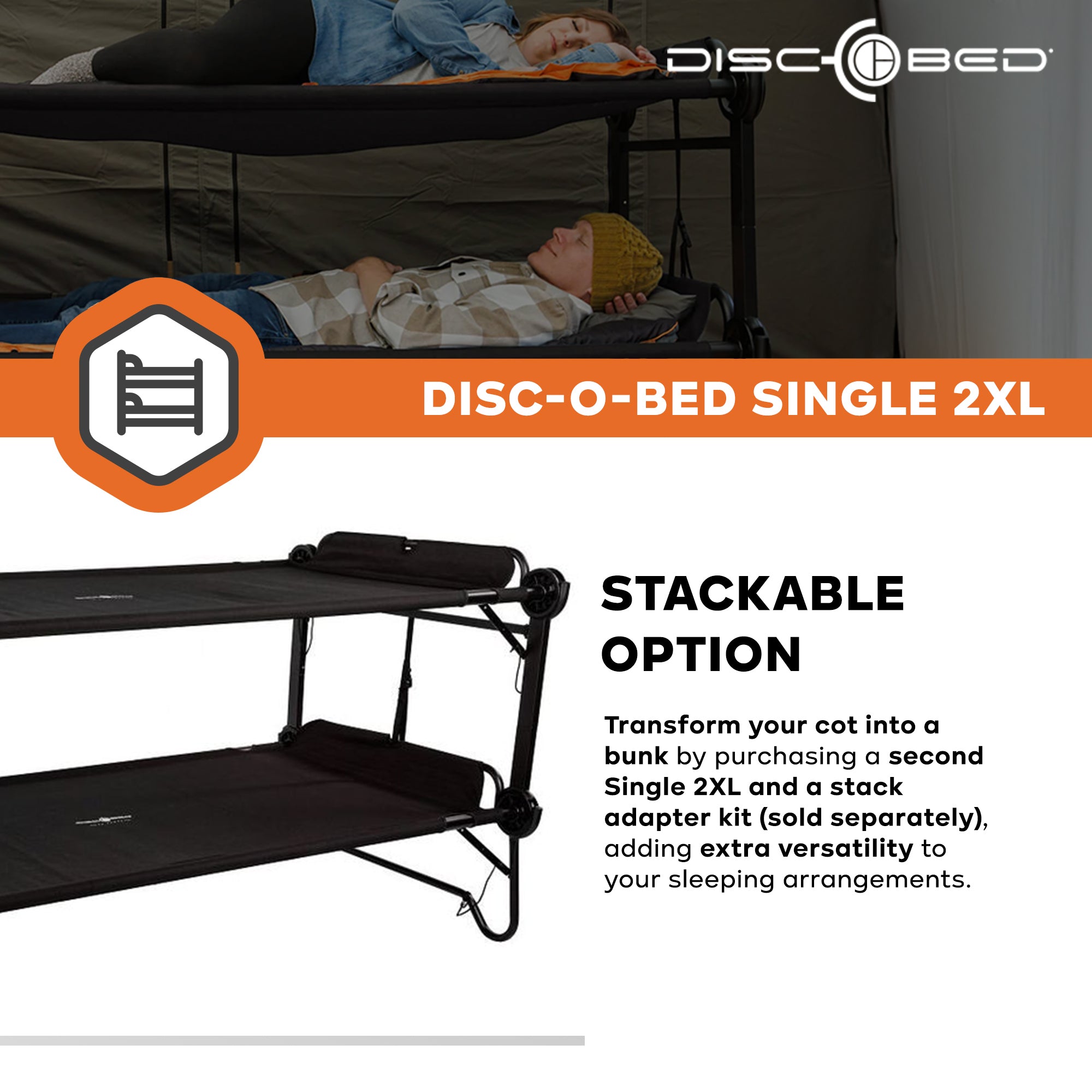 Disc-O-Bed Single Cot, Portable Sleep Solution for Tents, Cabins, Black, 2XL - VMInnovations
