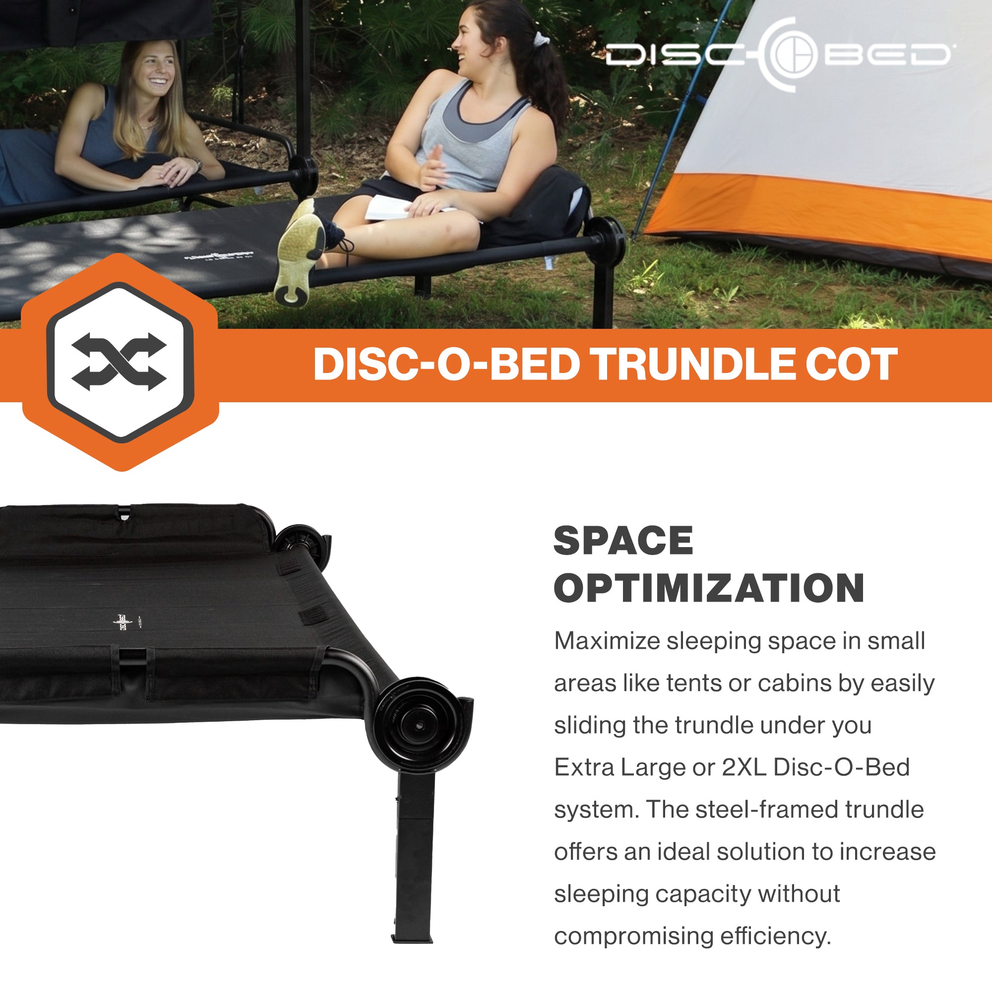 Disc-O-Bed Trundle Cot for XL or 2XL Bunk System with Zippered Carry Bag, Black - VMInnovations