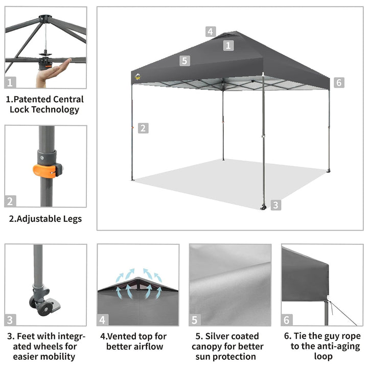 Crown Shades Pop Up Canopy, 10x10 ft Adjustable Tent with One Push Setup, Grey (Used)