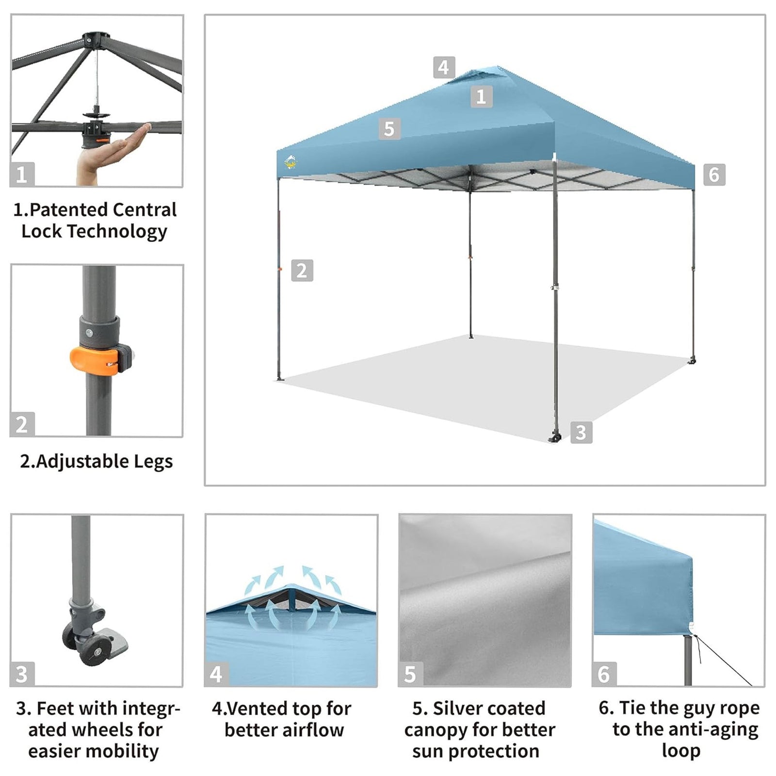 Crown Shades Pop Up Canopy 10x10' Adjustable w/One Push Setup, Cyan Blue (Used) - VMInnovations
