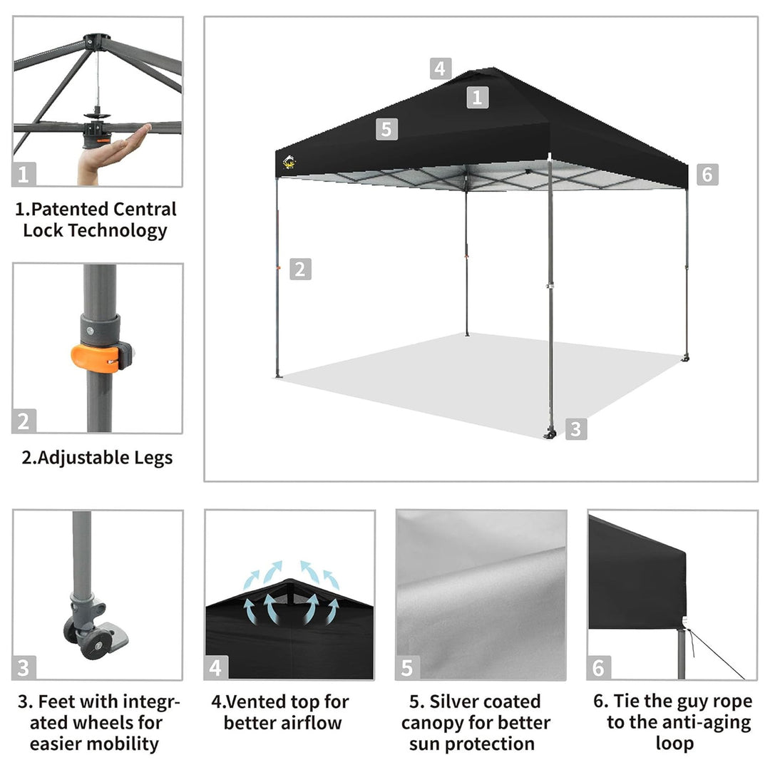 Crown Shades Pop Up Canopy, 10x10Ft Adjustable Tent w/One Push Setup,Black(Used)