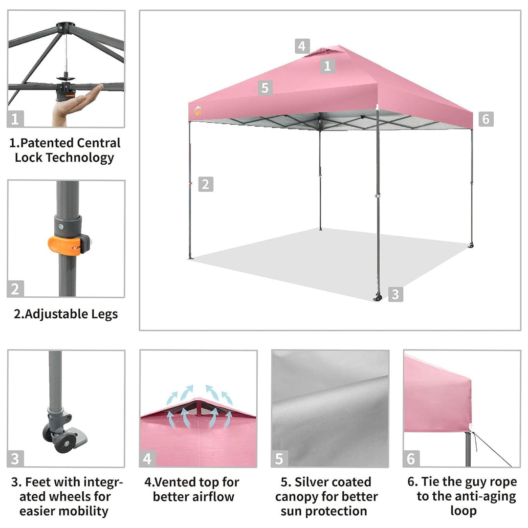 Crown Shades Pop Up Canopy, 10x10 ft Adjustable Tent w/One Push Setup, Pink (Used)