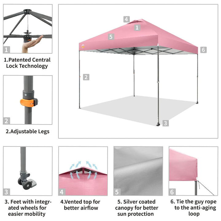 Crown Shades Pop Up Canopy, 10x10 ft Adjustable Tent w/One Push Setup, Pink (Used)