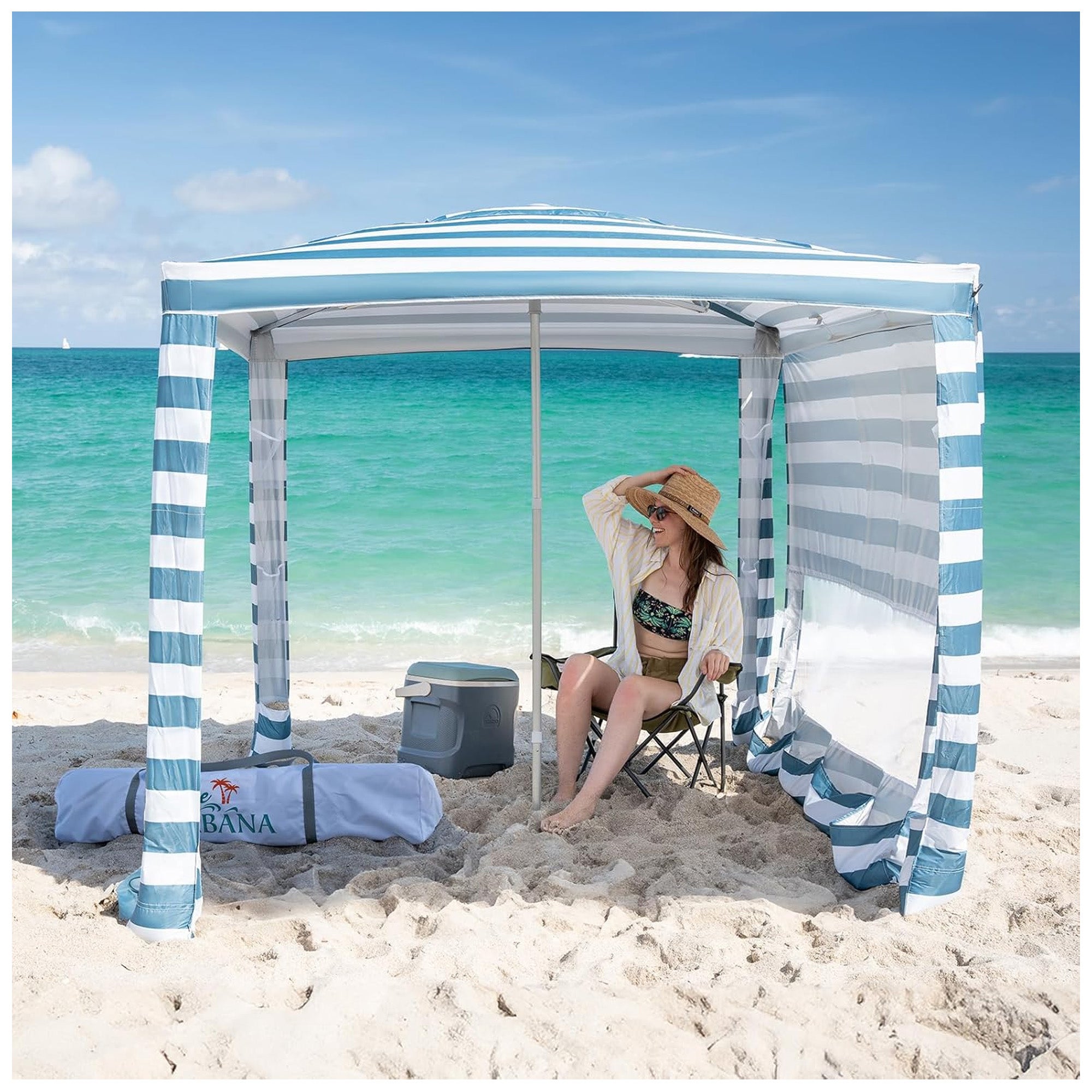 Crown Shades Cabana, 6.5x6.5' Pop Up Tent w/ UPF50+ Protection, Cyan Blue (Used) - VMInnovations
