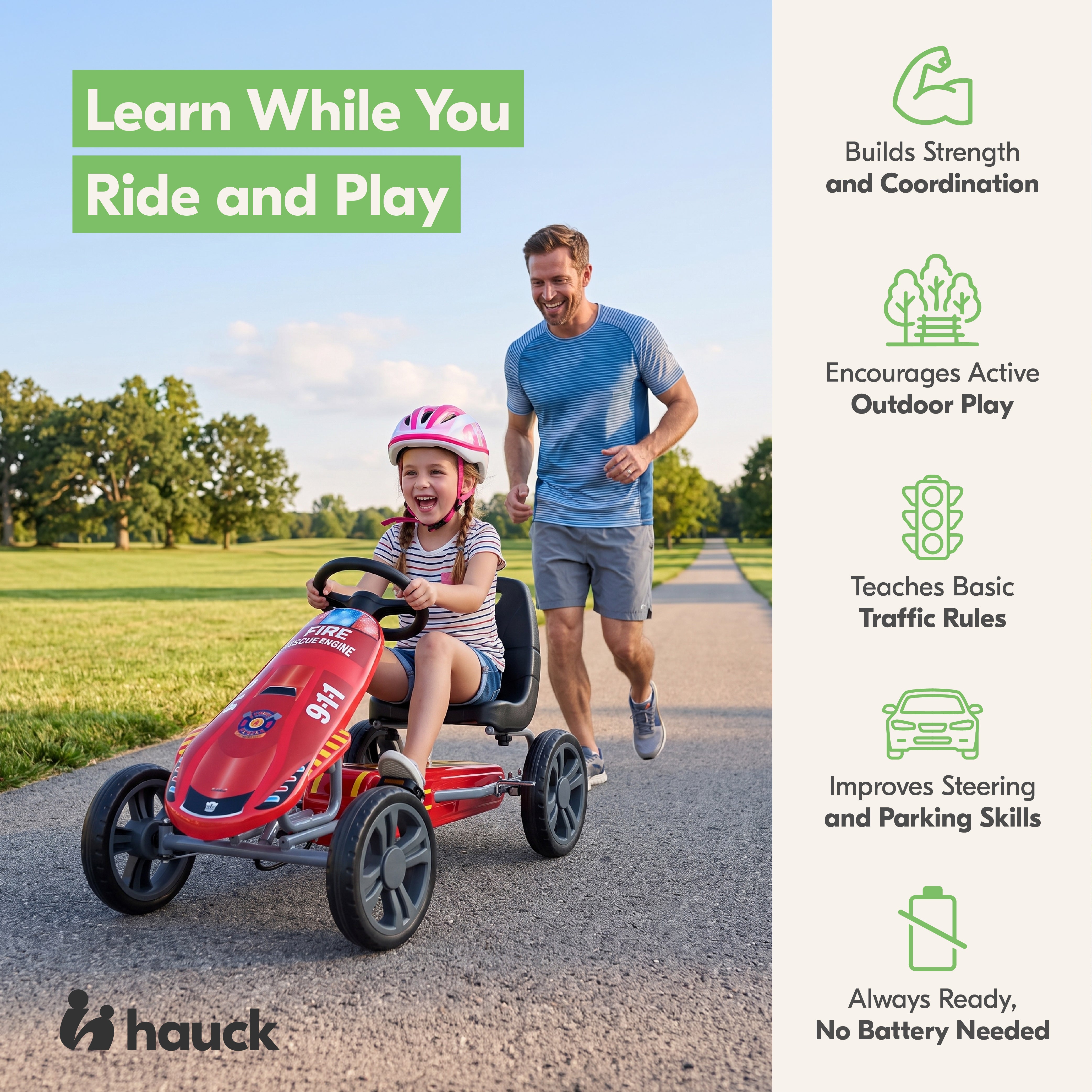 hauck Speedster Pedal Go Kart with Bucket Seat for Kids Ages 4 to 8, Fire Rescue - VMInnovations