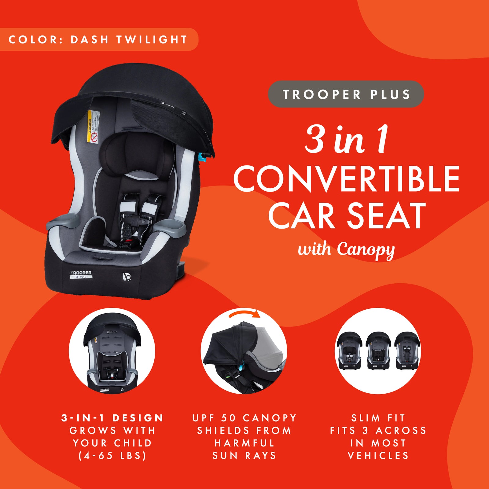 Baby Trend Trooper Plus 3-in-1 Convertible Car Seat with Canopy, Dash Twilight - VMInnovations