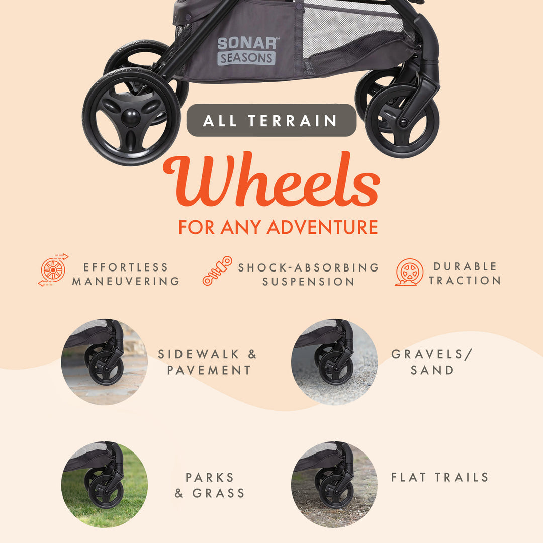 Baby Trend Sonar Seasons Single Stroller with Padded Seat & Canopy, Liberty Grey