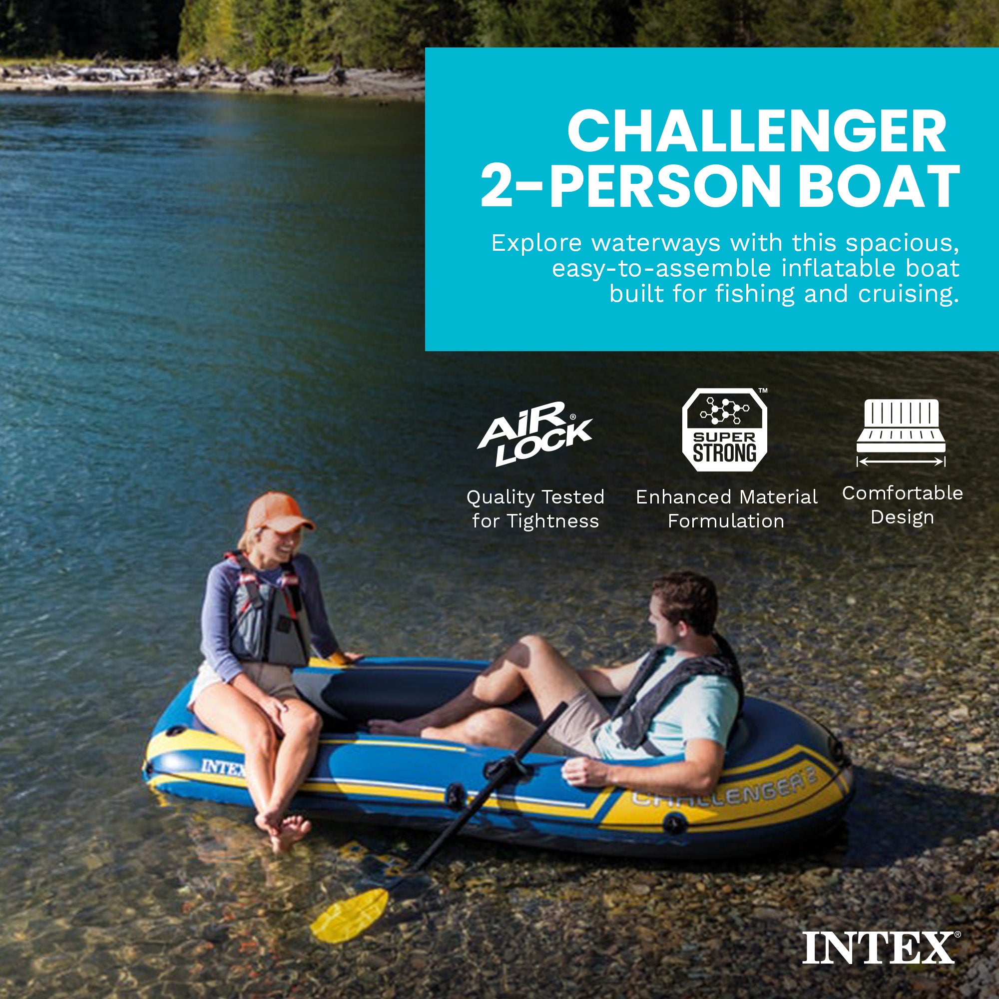 Intex Challenger 2 Inflatable 2 Person Floating Boat Raft Set w/ Oars & Air Pump - VMInnovations