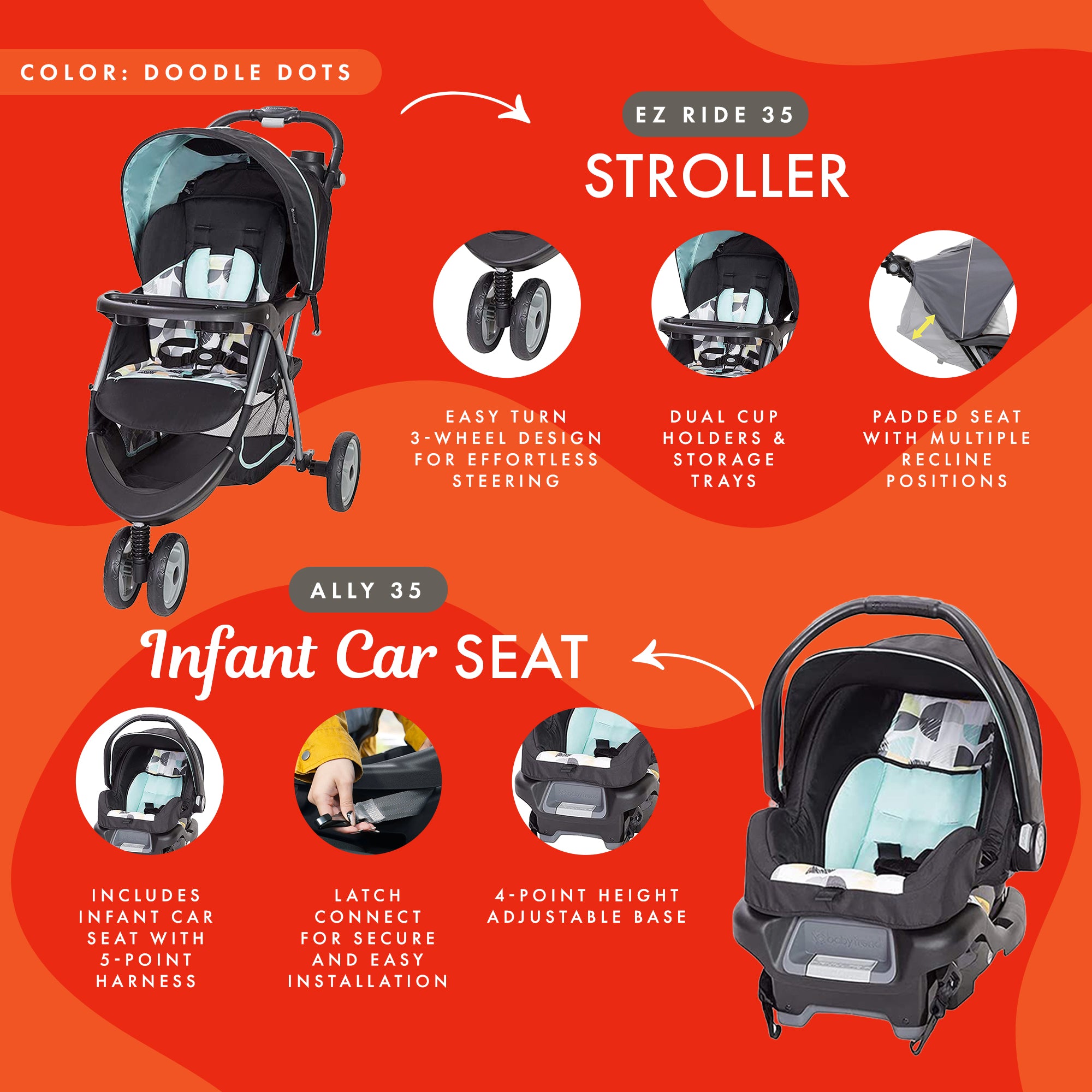 Baby Trend 35 Travel System Stroller Car Seat Combo for Baby, Dots (Open Box)