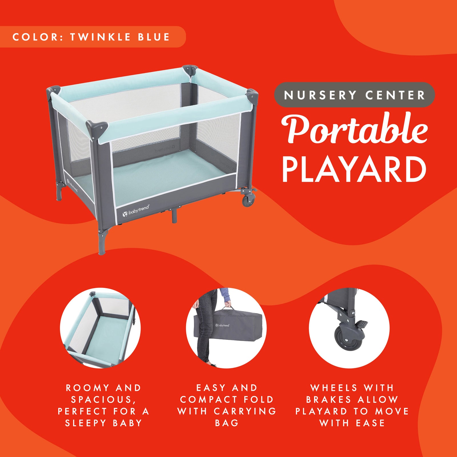 Baby Trend Portable Playard with Bassinet and Travel Bag, Nursery Center, Blue - VMInnovations