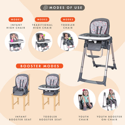 Baby Trend MUV 7-in-1 Feeding Center High Chair, Infant to Youth Seat, Grey - VMInnovations
