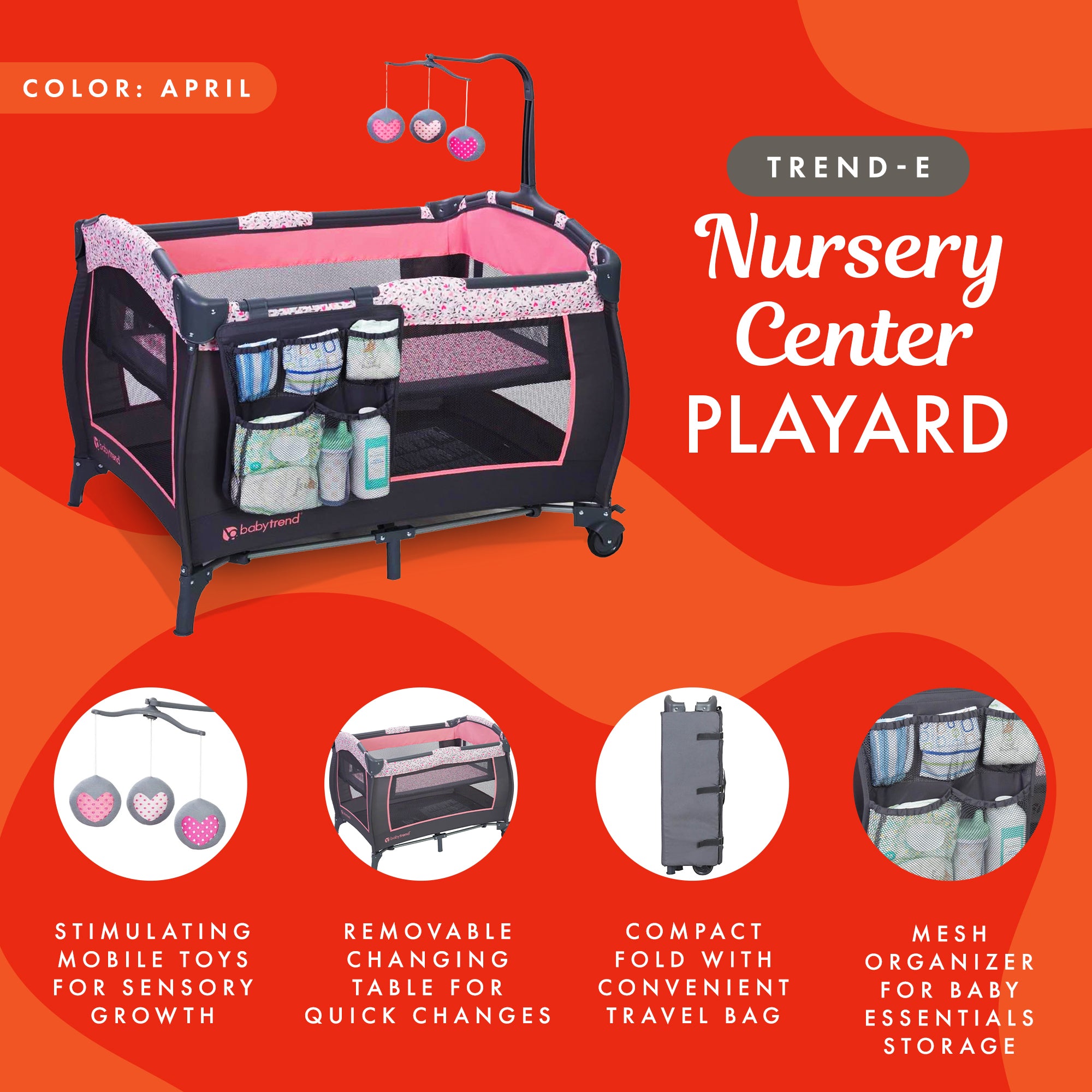 Baby Trend Trend-E Nursery Center Playard Portable Crib with Bassinet, April - VMInnovations