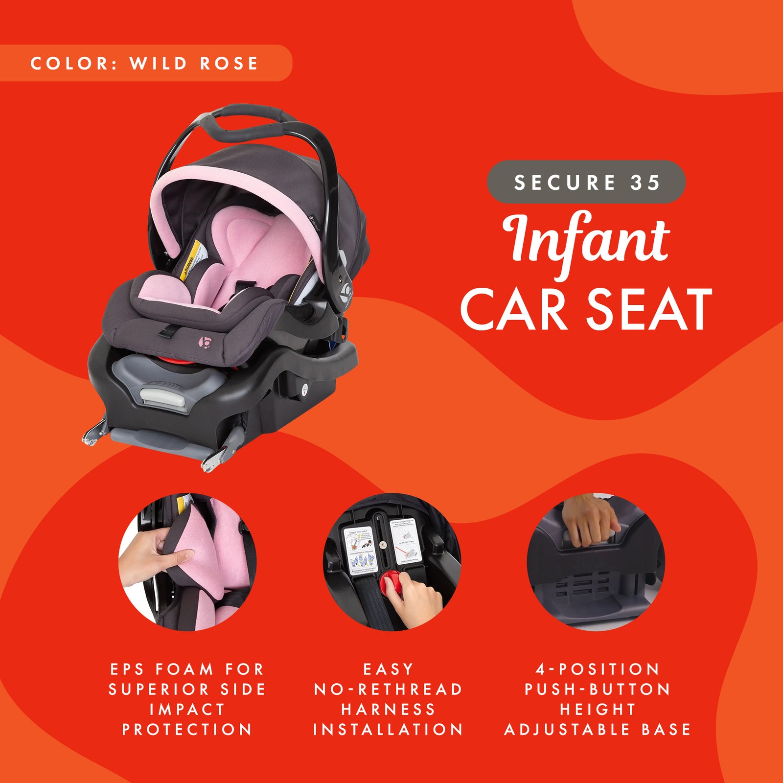 Baby Trend Secure Snap Gear 35 Infant Car Seat with 3 Panel Canopy, Wild Rose - VMInnovations