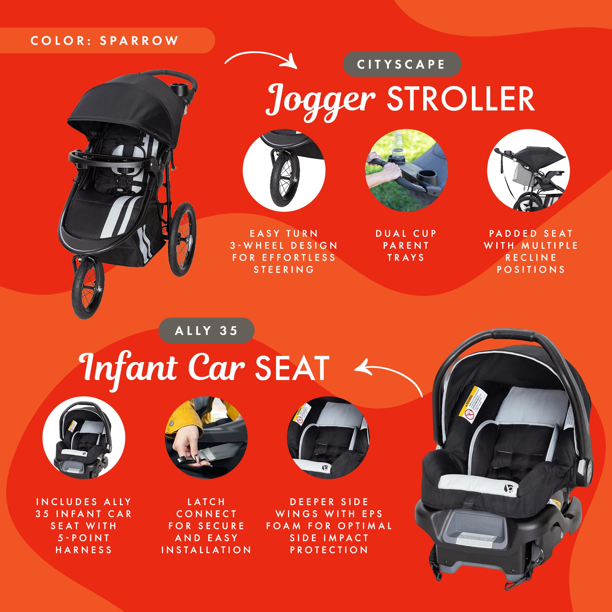 Baby Trend Cityscape Jogger Travel Stroller and Car Seat, Sparrow (Open Box) - VMInnovations