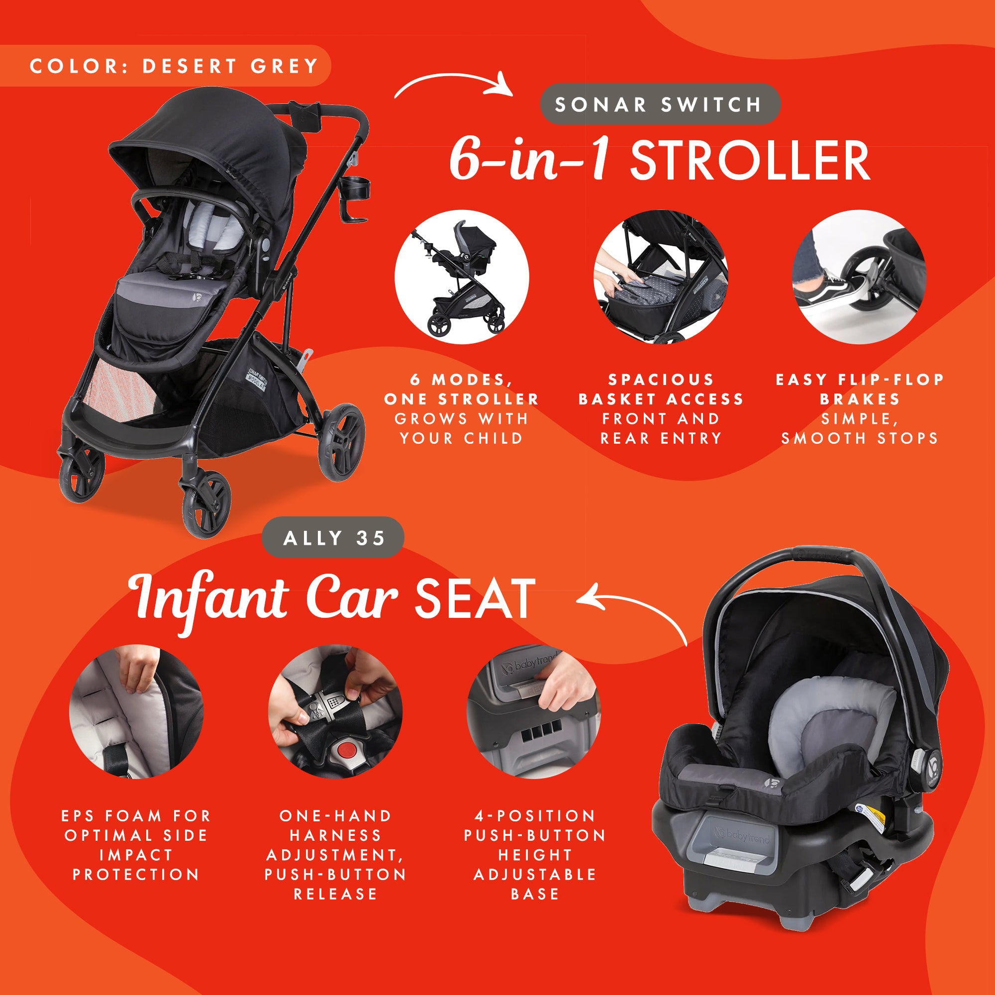 Baby Trend Modular Stroller Sonar Switch with Ally Infant Car Seat, Desert Grey - VMInnovations