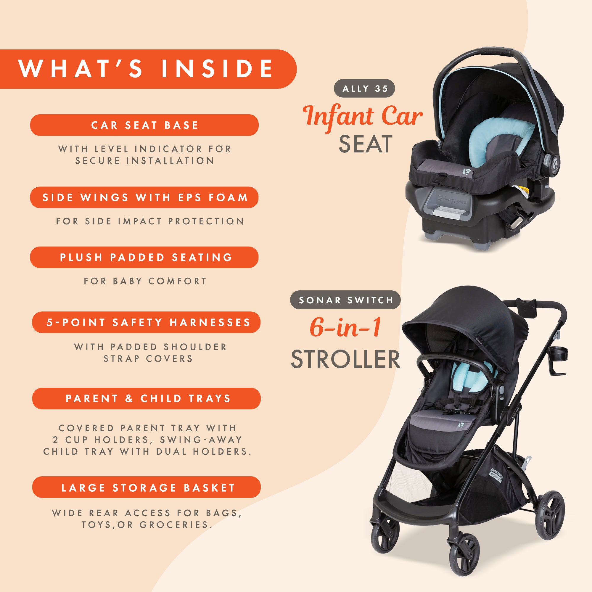 Baby Trend Modular Stroller Sonar Switch with Ally Infant Car Seat, Desert Blue - VMInnovations