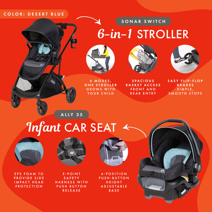 Baby Trend Stroller Sonar Switch w/Ally Infant Car Seat, Desert Blue (Open Box)