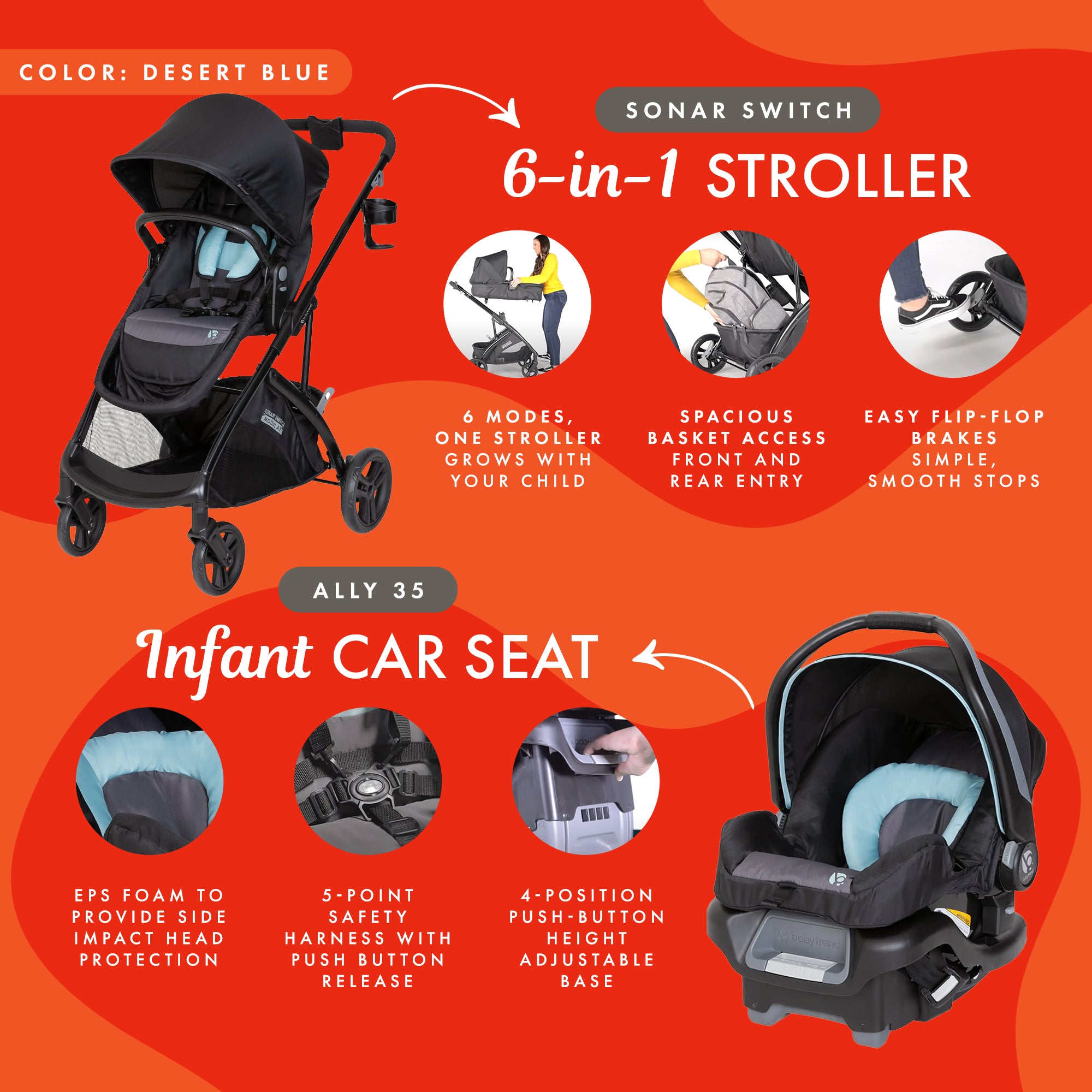 Baby Trend Stroller Sonar Switch w/Ally Infant Car Seat, Desert Blue (Open Box) - VMInnovations