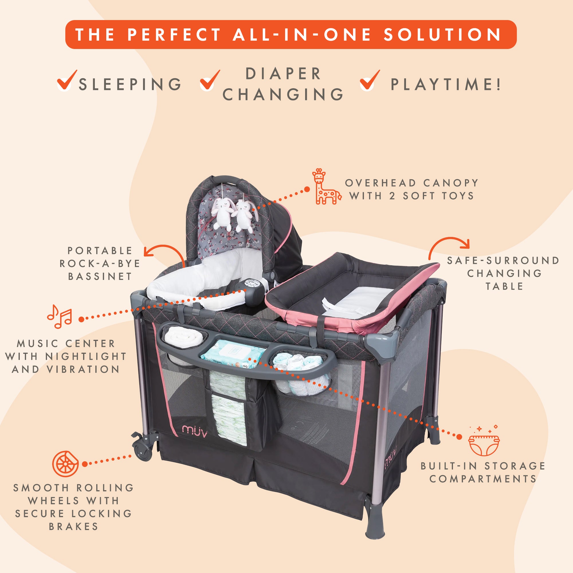 Baby Trend MUV Custom Grow Nursery Center Playard Crib & Changing Table, Jaclyn - VMInnovations