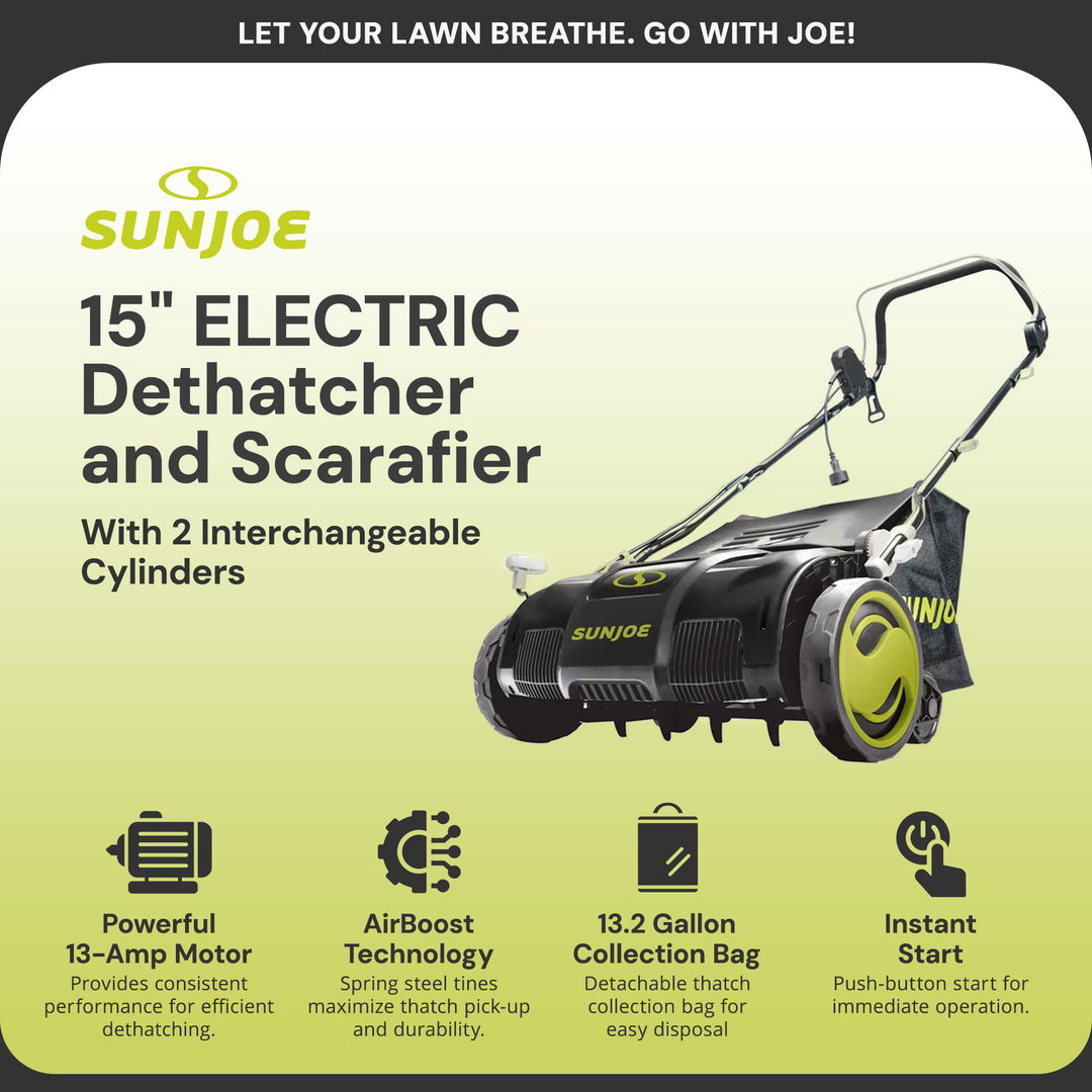 Sun Joe 15" Electric Dethatcher Scarifier with 13.2 Gallon Bag, 13 Amp, AJ805E