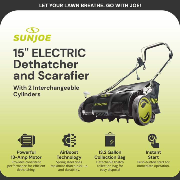 Sun Joe 15" Electric Dethatcher Scarifier w/ Removeable 13.2 Gallon Bag, 13 Amp