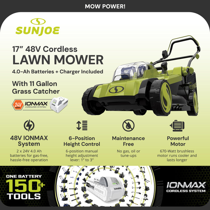 Sun Joe Mulching Walk Behind Lawn Mower, 11 Gallon Grass Catcher, 24V-X2-17LM