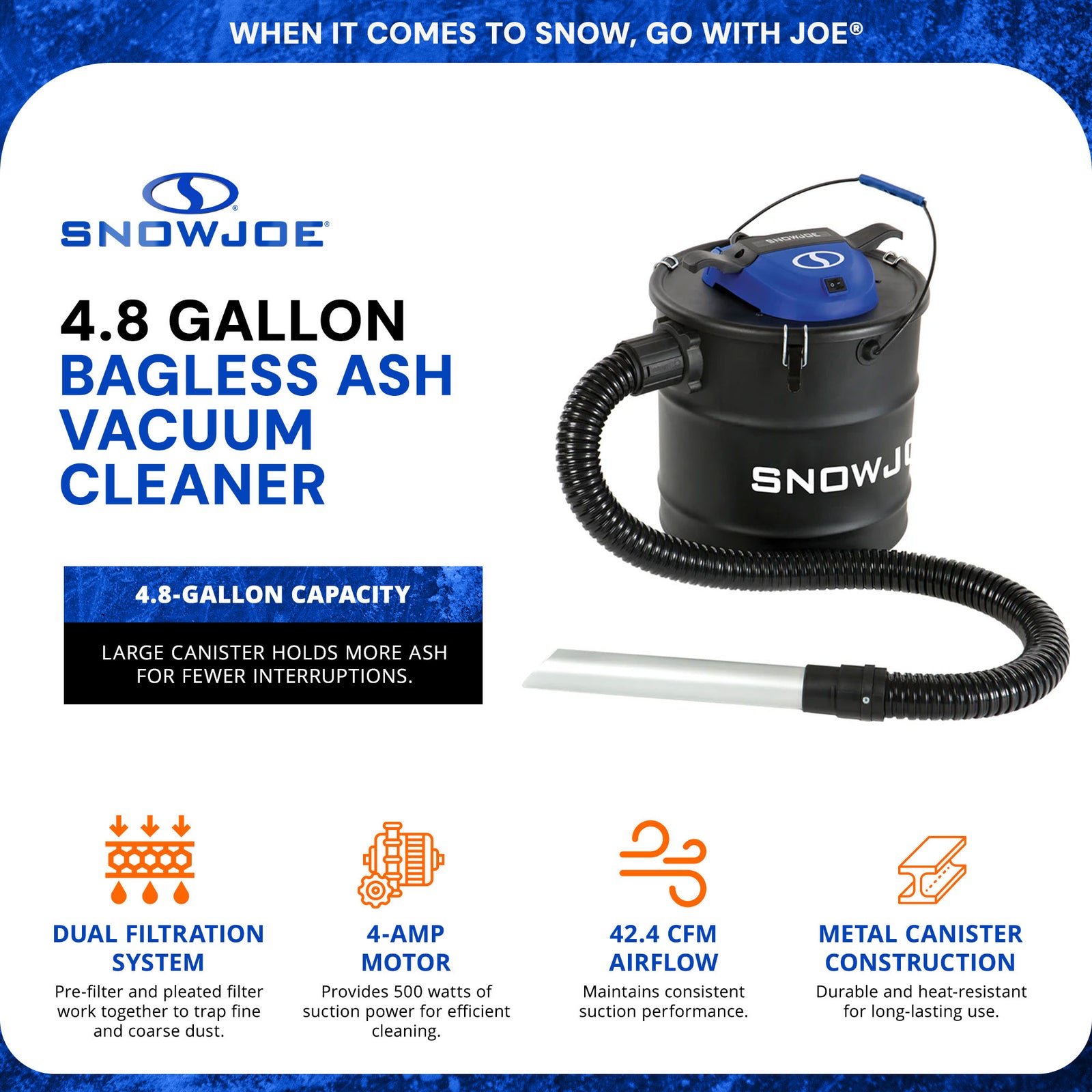 Snow Joe 4.8 Gallon Bagless Ash Vacuum Cleaner, Metal Canister, Black, ASHJ201 - VMInnovations