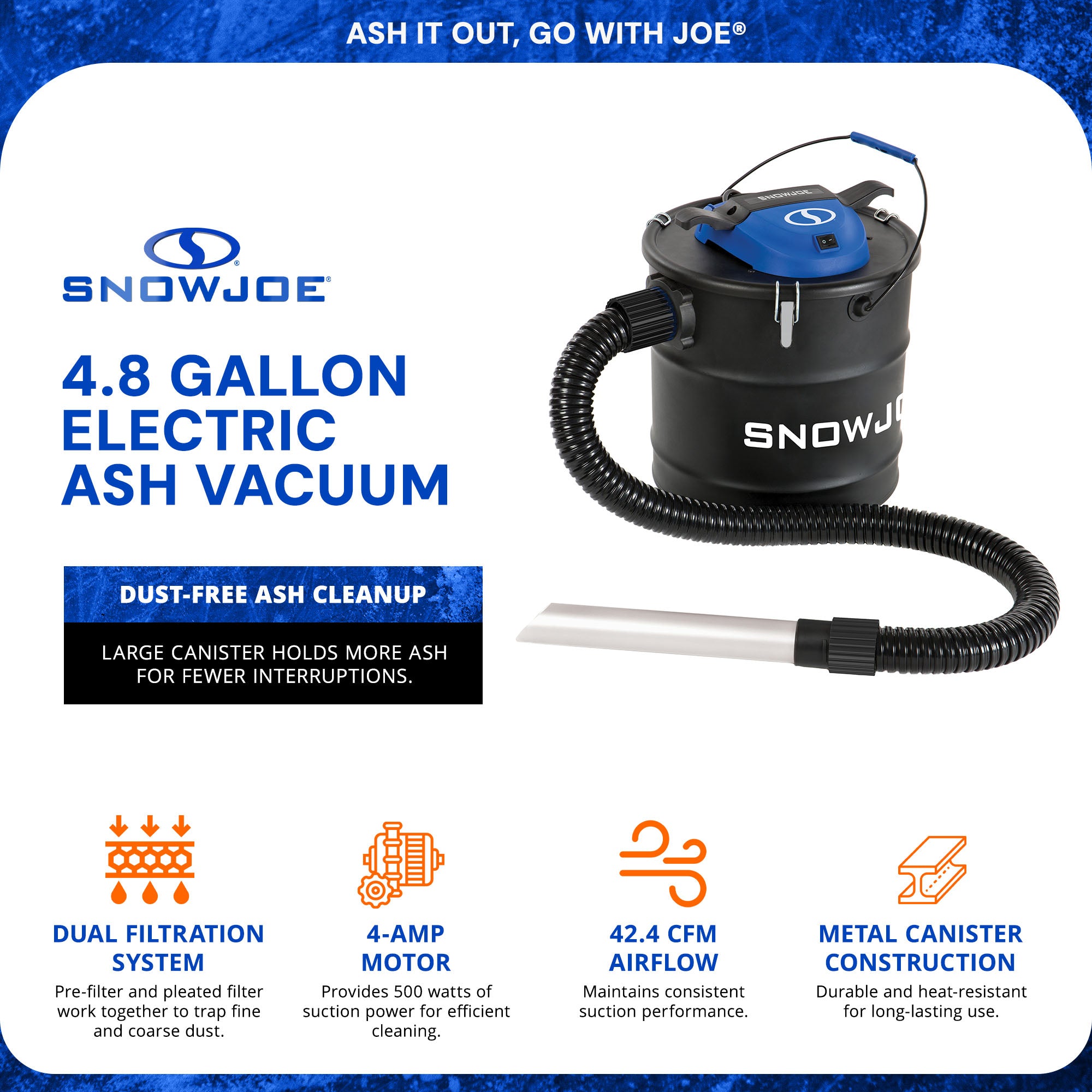 Snow Joe 4.8 Gallon Bagless Ash Vacuum Cleaner, Metal Canister, Black, ASHJ201