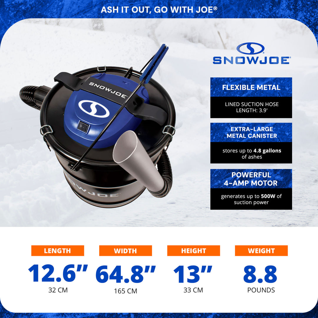 Snow Joe 4.8 Gallon Bagless Ash Vacuum Cleaner, Metal Canister, Black, ASHJ201