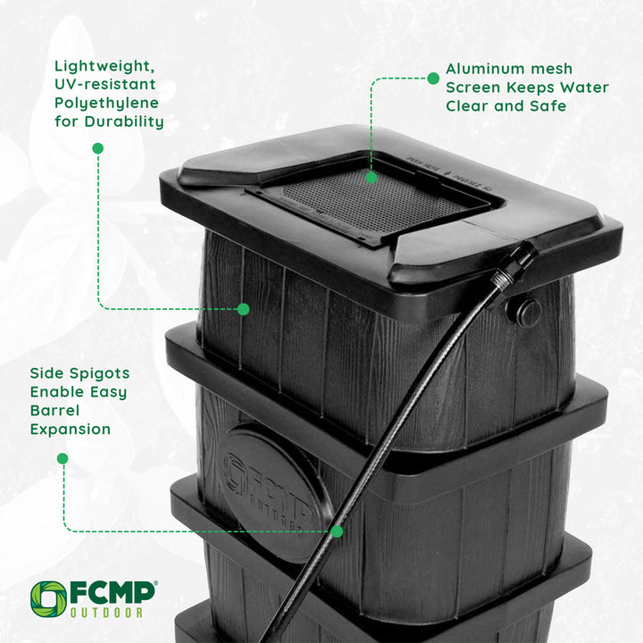 FCMP Outdoor Rain Water Catcher Barrel w/Flat Back Design, Black (Open Box)