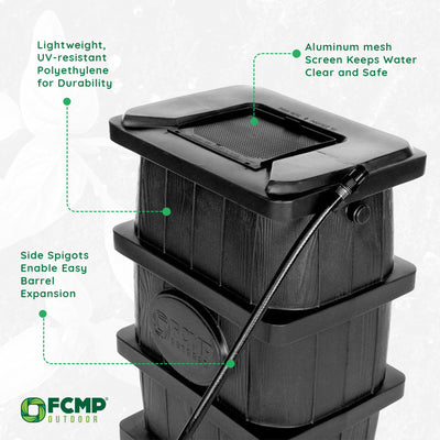 FCMP Outdoor Rain Water Catcher Barrel w/Flat Back Design, Black (Open Box) - VMInnovations